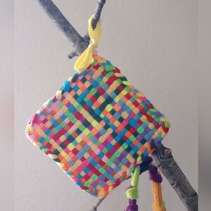 Handwoven Rainbow Multi-color Polyester Loop Coaster, Mug Rug, Trivet